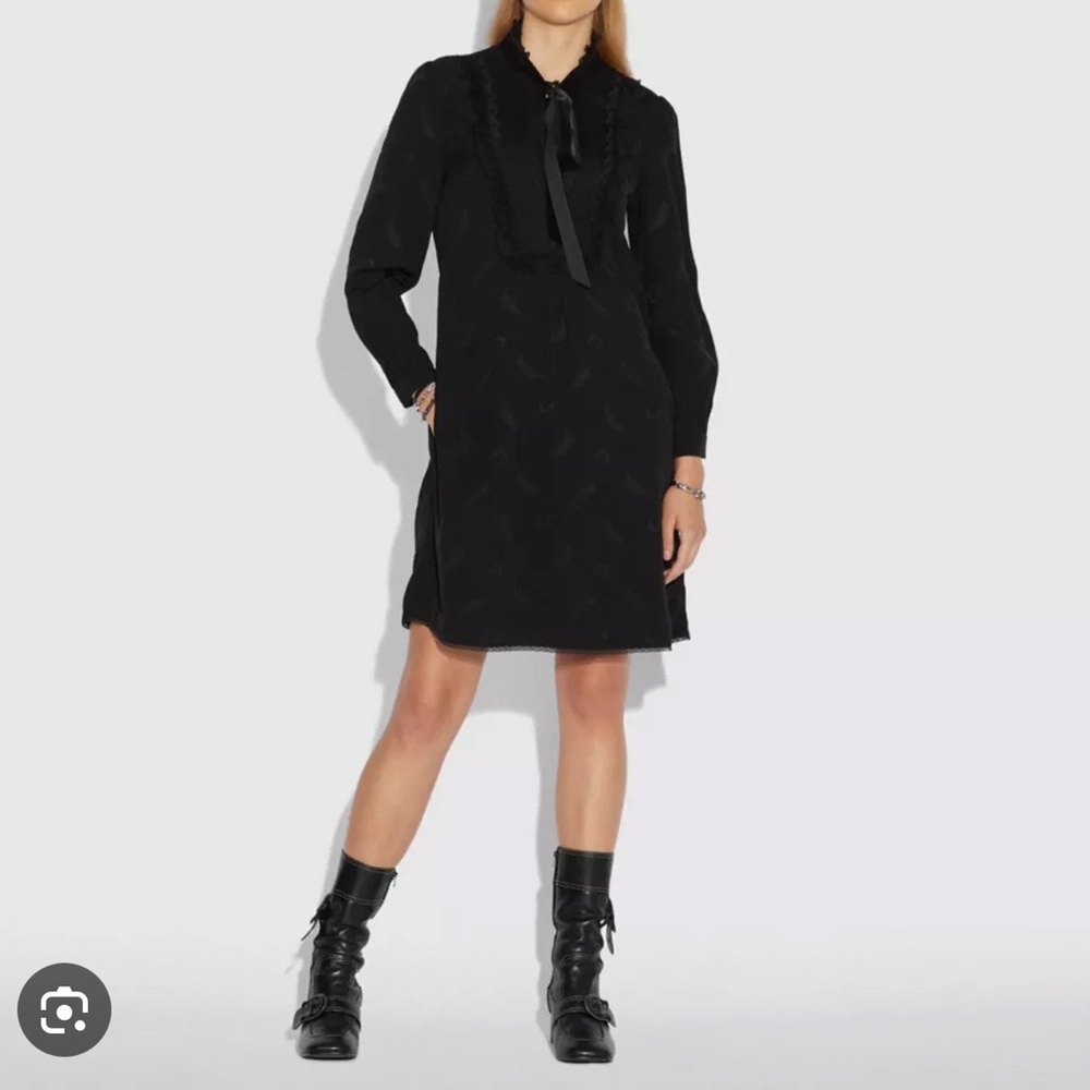 COACH Tie High Neck Flare Mini Short Long Sleeve Black Silk Blend Dress Size XS